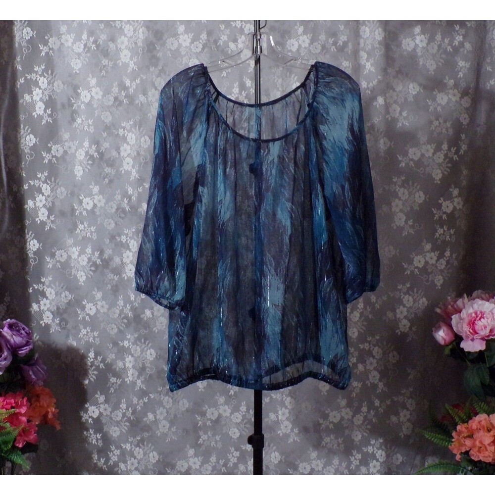 Dark Turqouise Sheer Feather Print Blouse Size XL Whimsigoth Boho Hippie Artsy